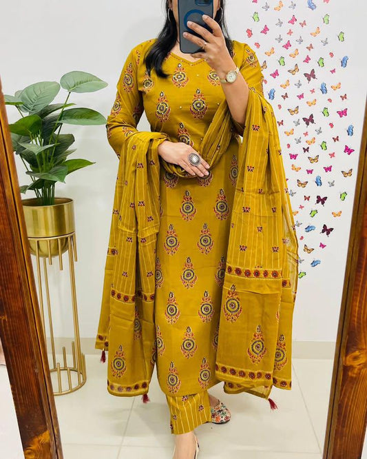 Biba Yellow Kalamkari Fusion Azrak Bagru Print Kurti Pant and Dupatta Set