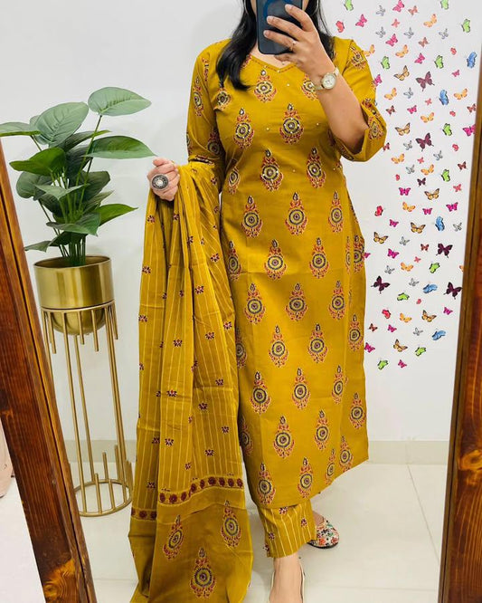Biba Yellow Kalamkari Fusion Azrak Bagru Print Kurti Pant and Dupatta Set