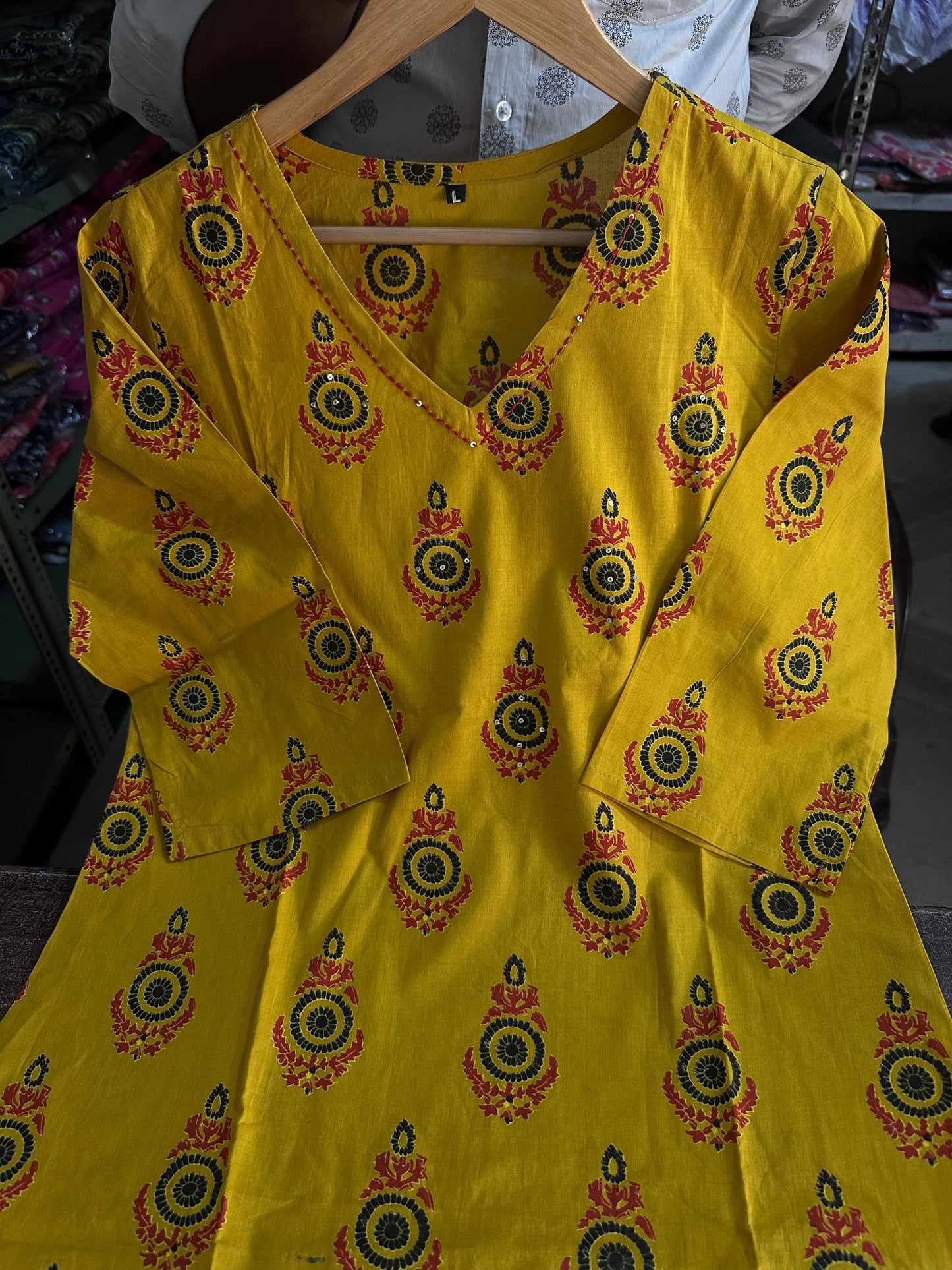 Biba Yellow Kalamkari Fusion Azrak Bagru Print Kurti Pant and Dupatta Set