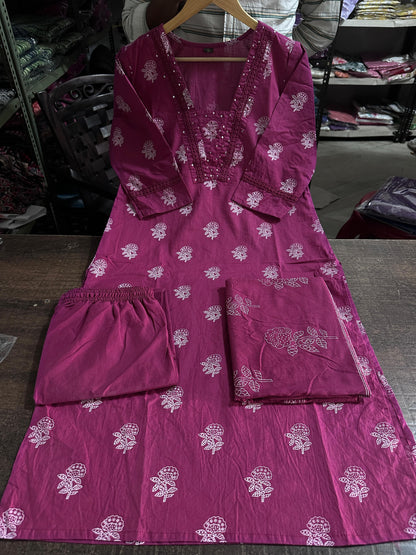 Biba Maroon Designer V-Neck Block Pattern Kurti Pant & Dupatta Set