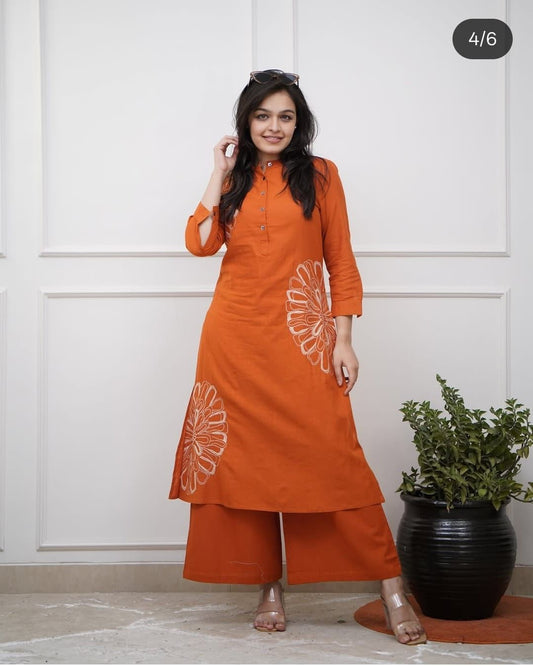 Biba Orange Pure Cotton Kurta Pant Set with Embroidery Work