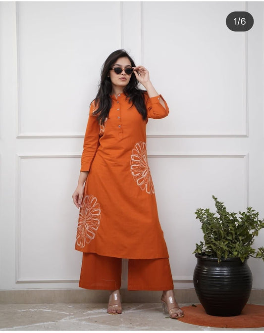 Biba Orange Pure Cotton Kurta Pant Set with Embroidery Work