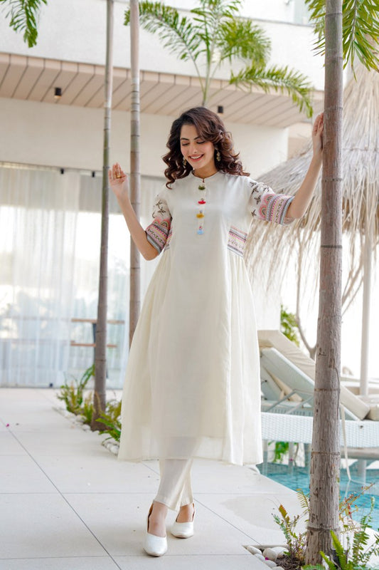 Biba White Pure Cotton Round Neck Kurti and Pant Set