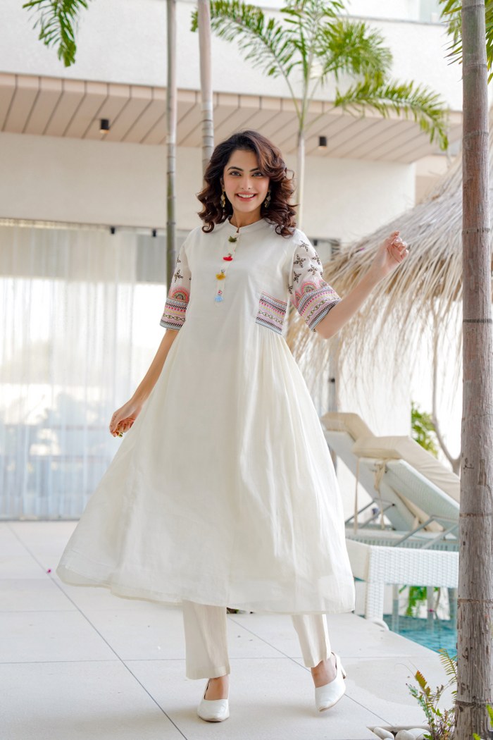 Biba White Pure Cotton Round Neck Kurti and Pant Set