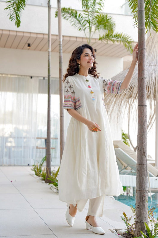 Biba White Pure Cotton Round Neck Kurti and Pant Set