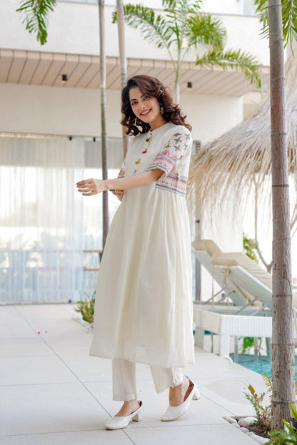 Biba White Pure Cotton Round Neck Kurti and Pant Set