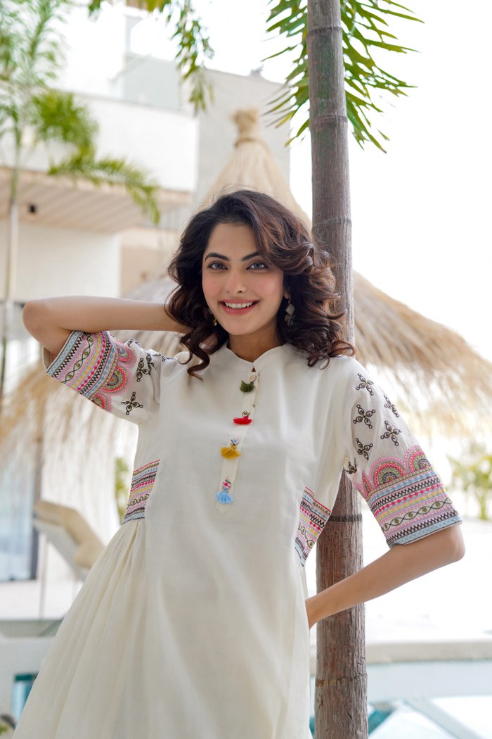 Biba White Pure Cotton Round Neck Kurti and Pant Set