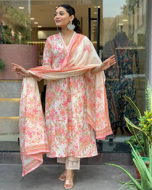 Biba Floral Print Pure Cotton Ethnic Dress With Attached Dupatta