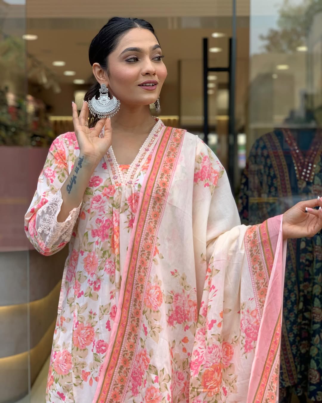 Biba Floral Print Pure Cotton Ethnic Dress With Attached Dupatta