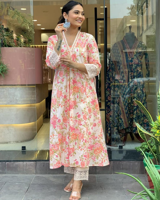 Biba Floral Print Pure Cotton Ethnic Dress With Attached Dupatta