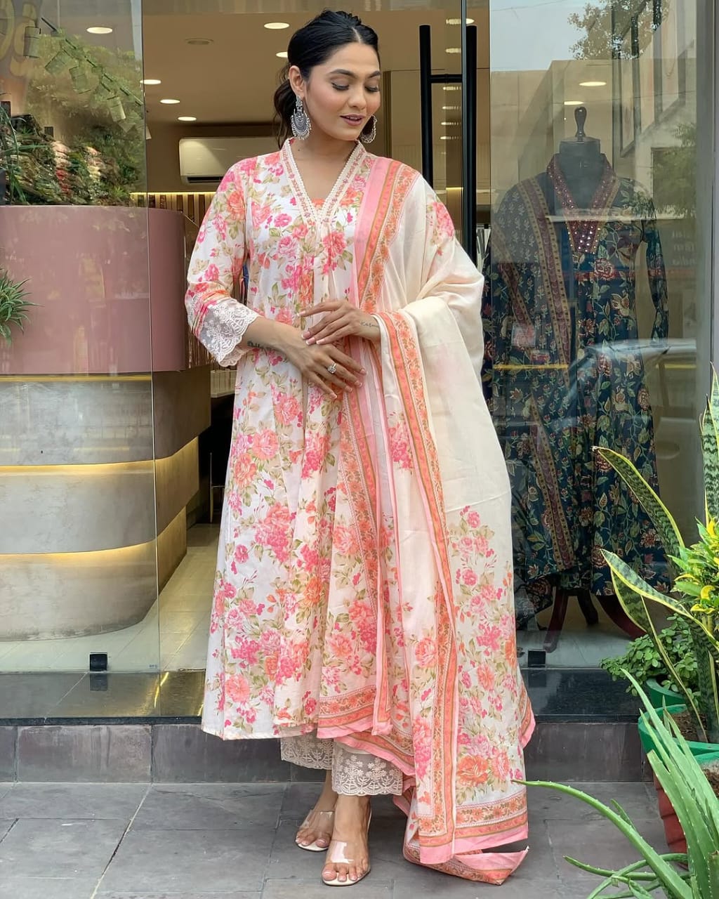 Biba Floral Print Pure Cotton Ethnic Dress With Attached Dupatta