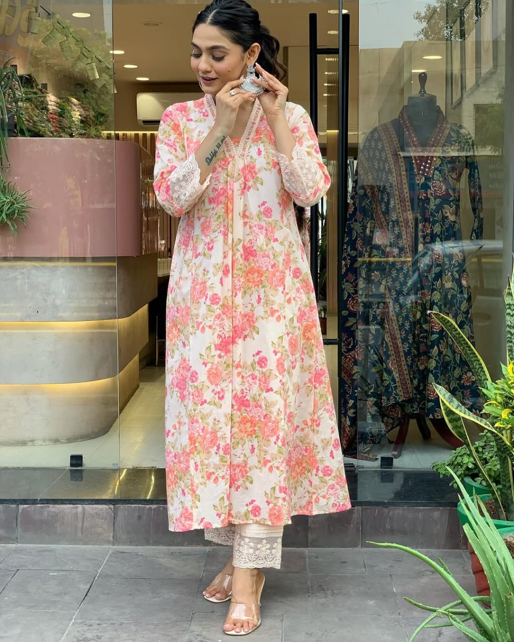 Biba Floral Print Pure Cotton Ethnic Dress With Attached Dupatta