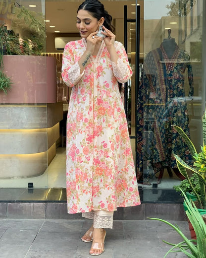 Biba Floral Print Pure Cotton Ethnic Dress With Attached Dupatta