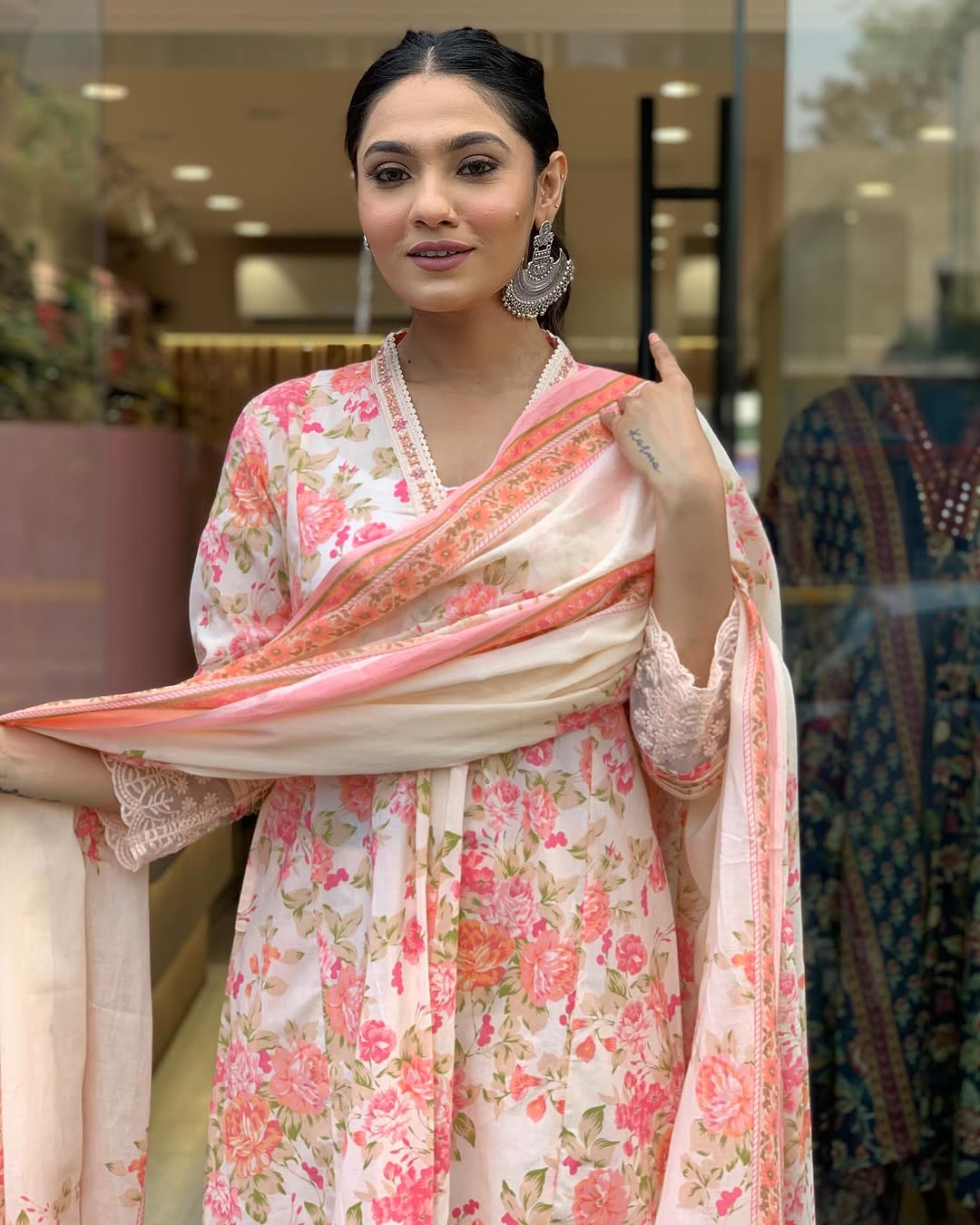 Biba Floral Print Pure Cotton Ethnic Dress With Attached Dupatta