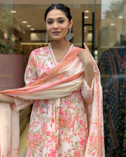 Biba Floral Print Pure Cotton Ethnic Dress With Attached Dupatta