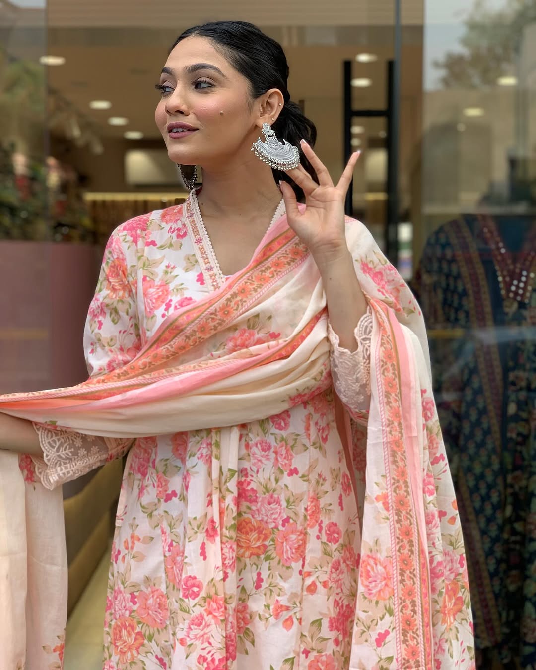 Biba Floral Print Pure Cotton Ethnic Dress With Attached Dupatta
