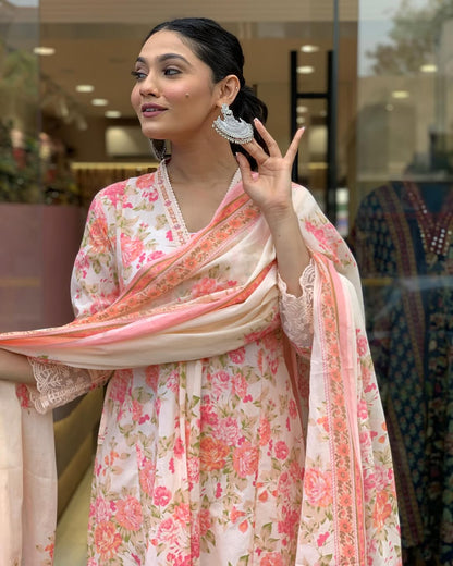 Biba Floral Print Pure Cotton Ethnic Dress With Attached Dupatta
