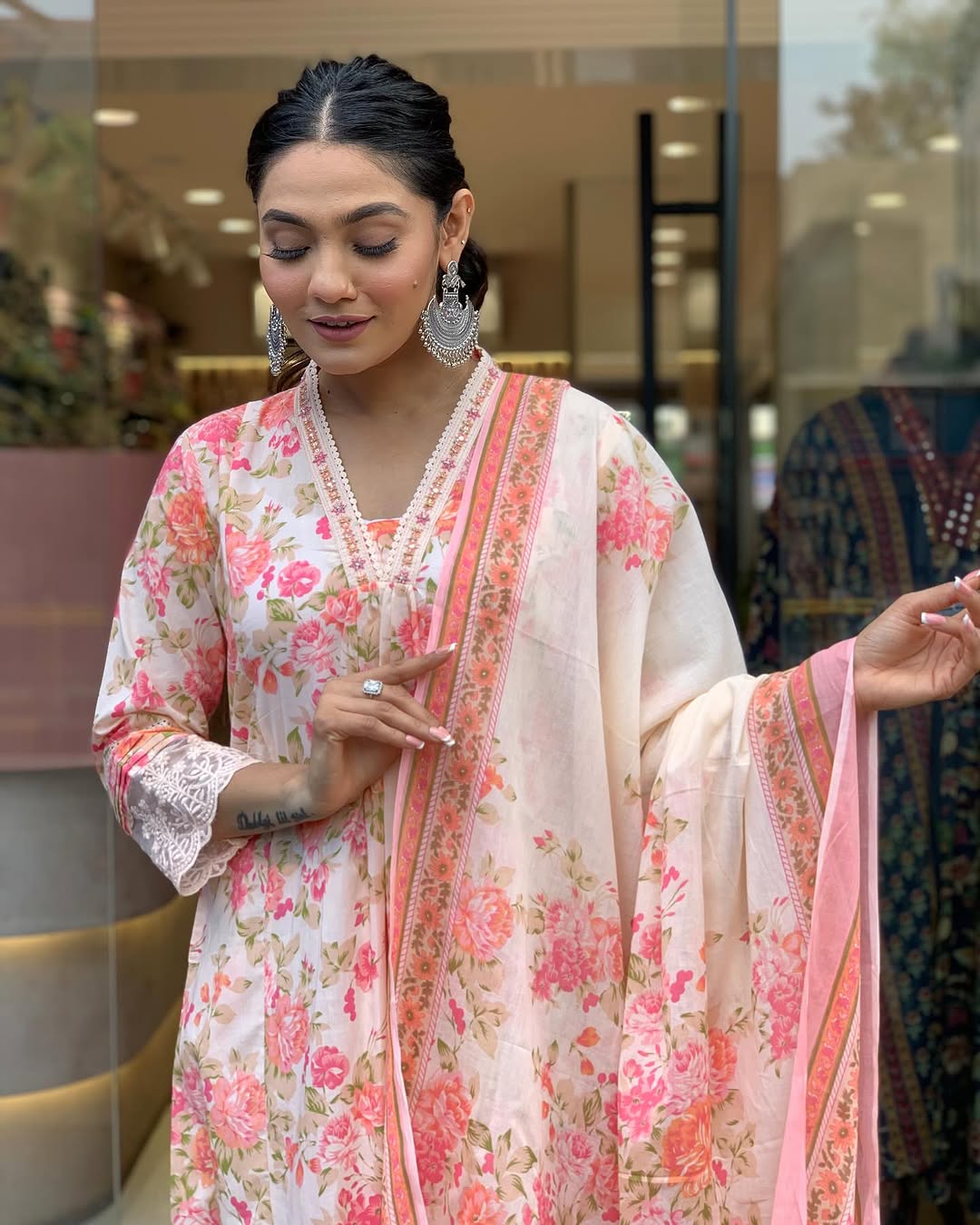Biba Floral Print Pure Cotton Ethnic Dress With Attached Dupatta