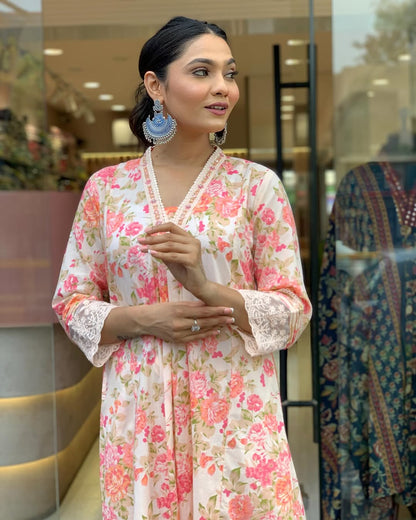 Biba Floral Print Pure Cotton Ethnic Dress With Attached Dupatta
