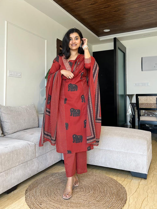Biba Printed Cotton Kurti Pant and Dupatta Set