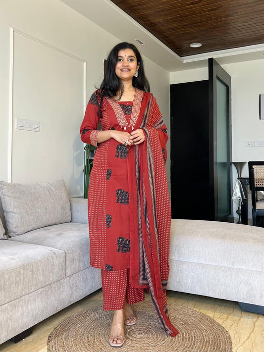 Biba Printed Cotton Kurti Pant and Dupatta Set