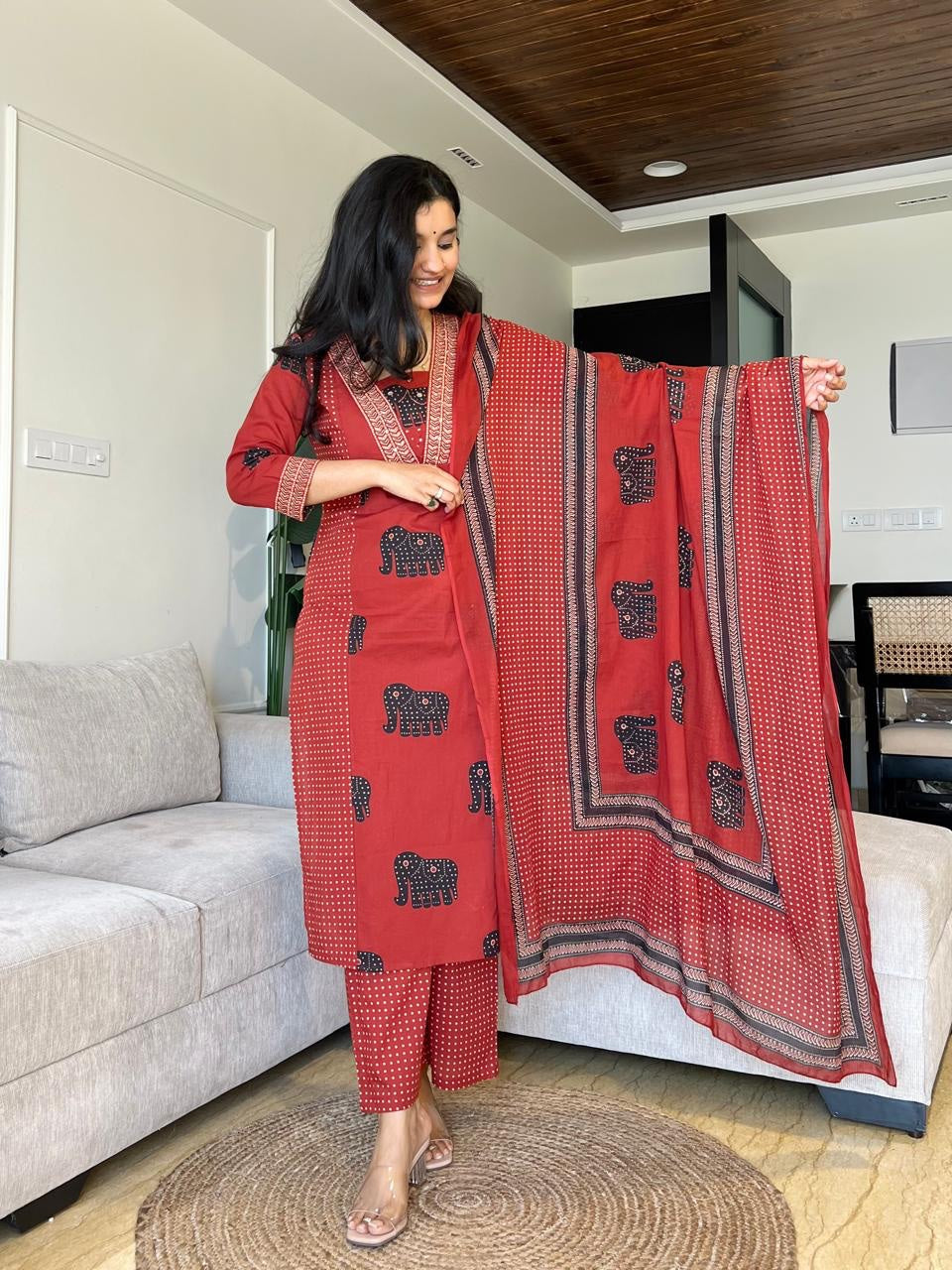Biba Printed Cotton Kurti Pant and Dupatta Set