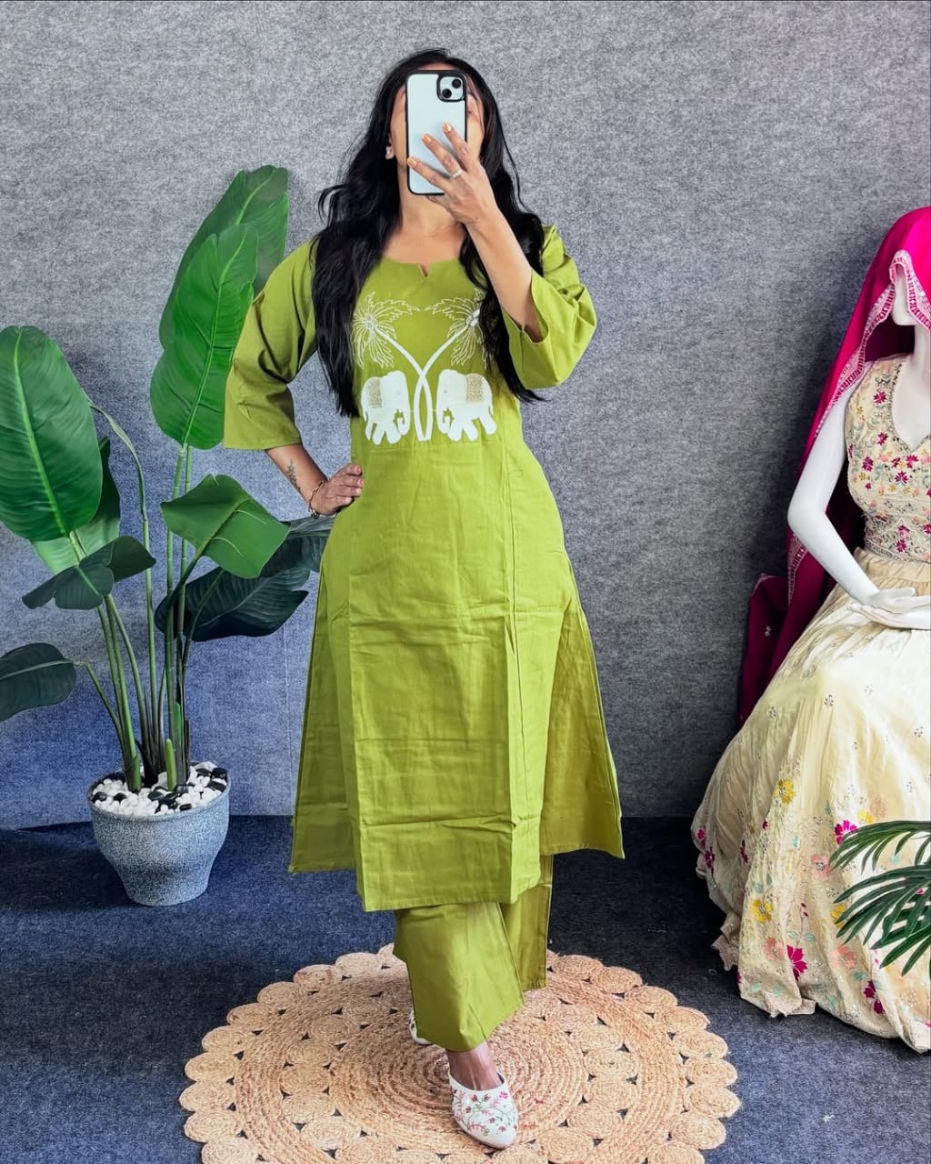 Biba Green Embroidered Kurti Pant Set