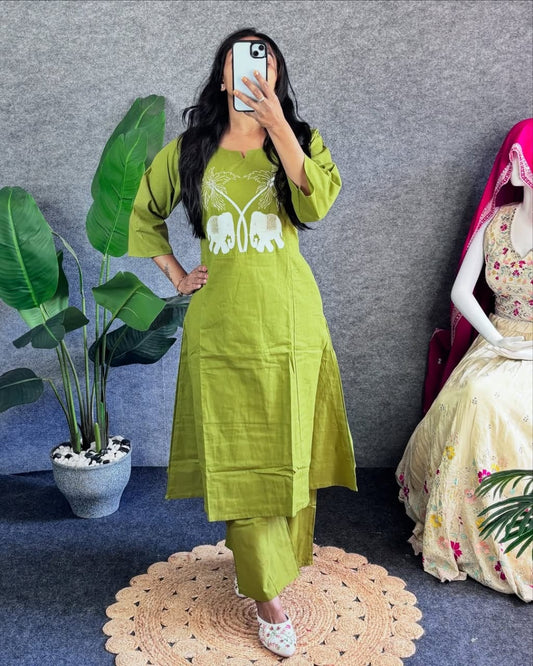 Biba Green Embroidered Kurti Pant Set