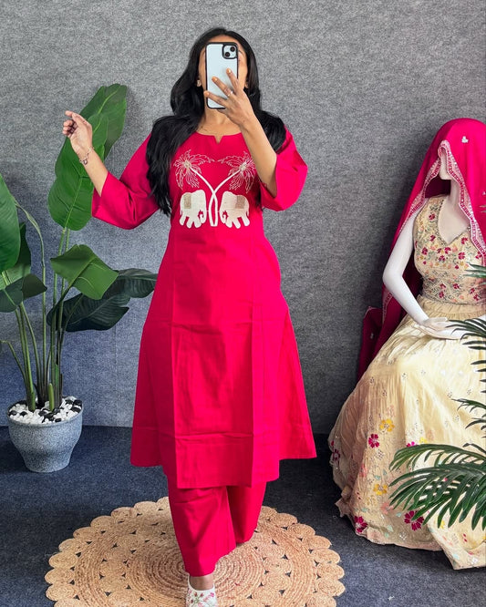 Biba Pink Embroidered Kurti Pant Set