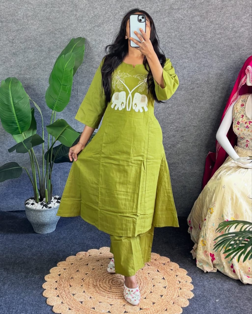Biba Green Embroidered Kurti Pant Set