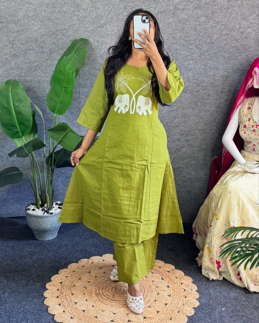 Biba Green Embroidered Kurti Pant Set