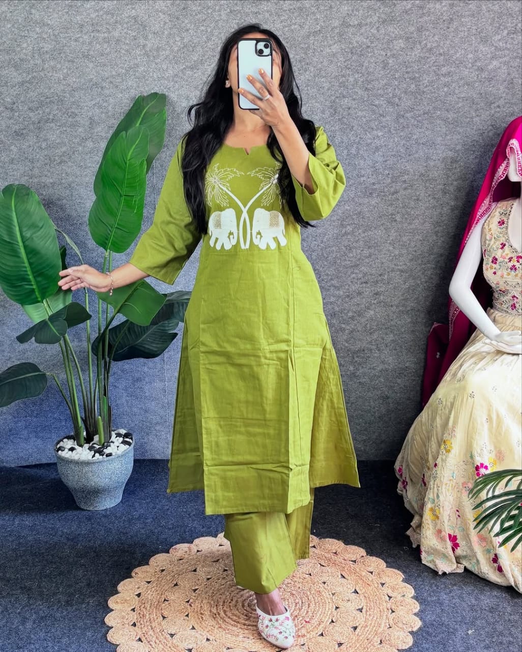 Biba Green Embroidered Kurti Pant Set