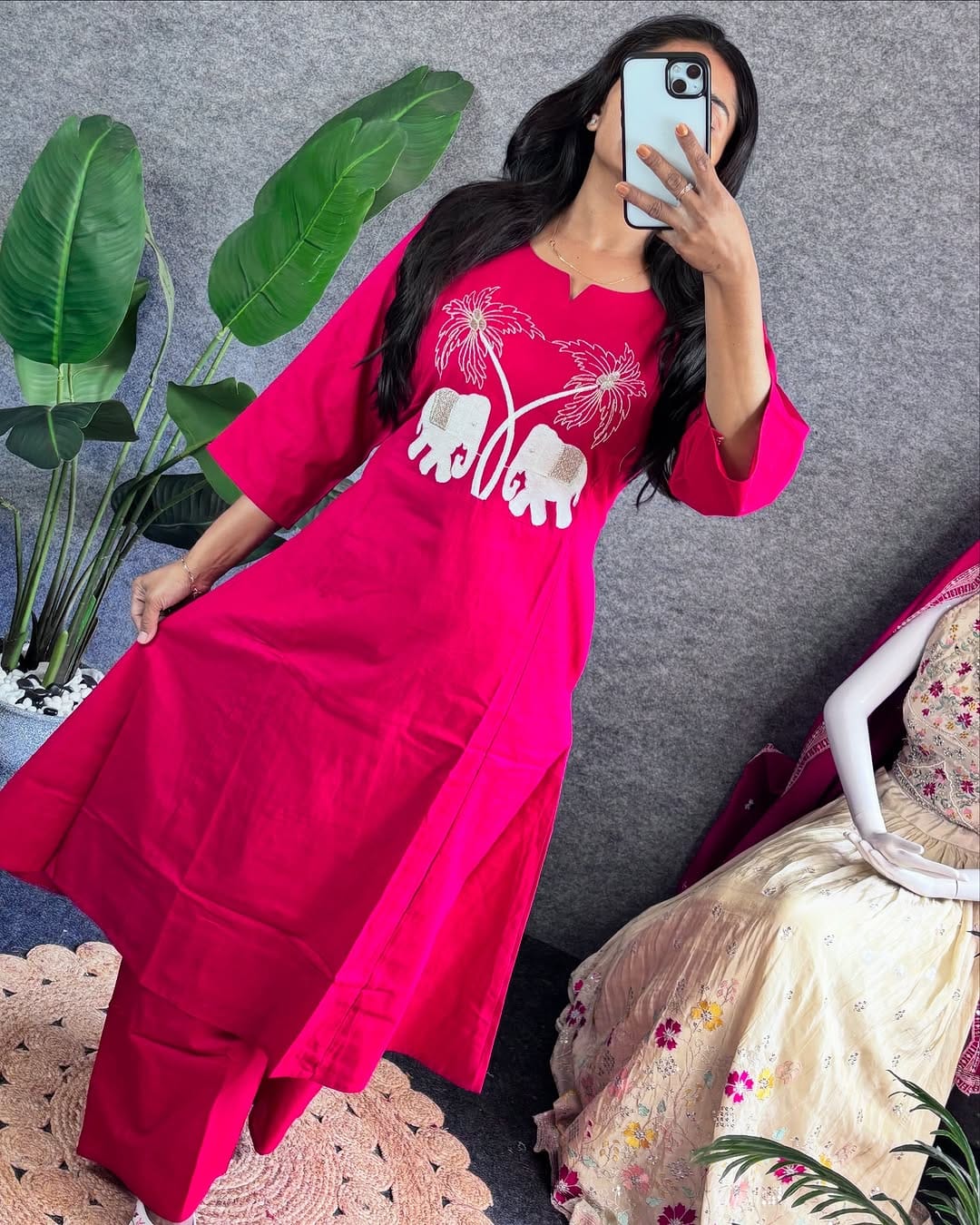 Biba Pink Embroidered Kurti Pant Set