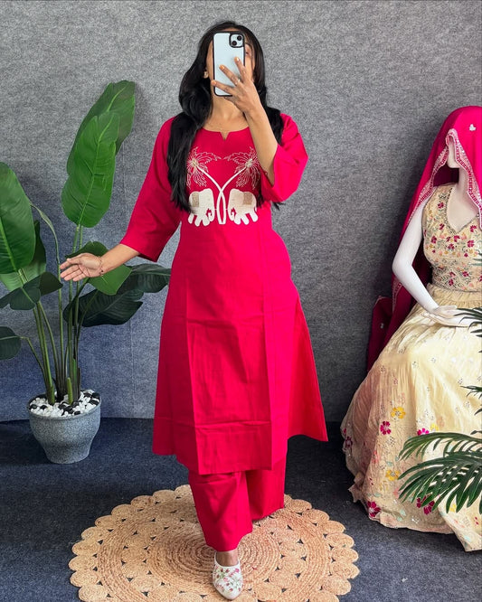 Biba Pink Embroidered Kurti Pant Set