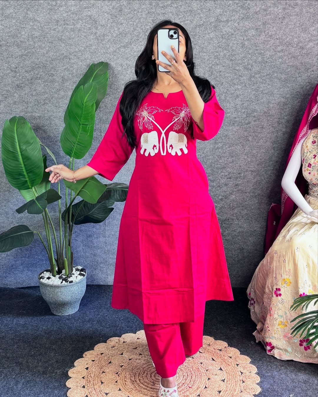 Biba Pink Embroidered Kurti Pant Set