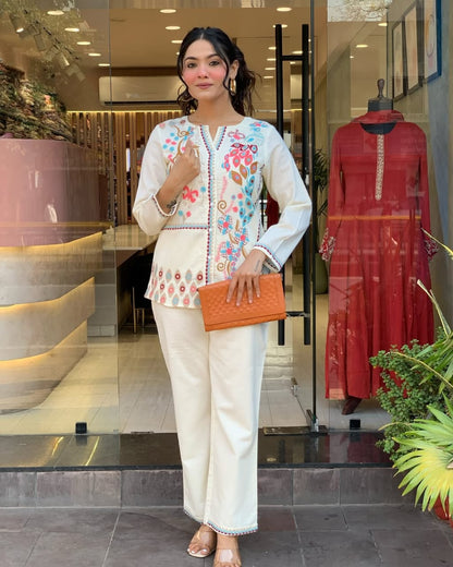 Biba White Premium Cotton Co-ord Set Embroidery Work