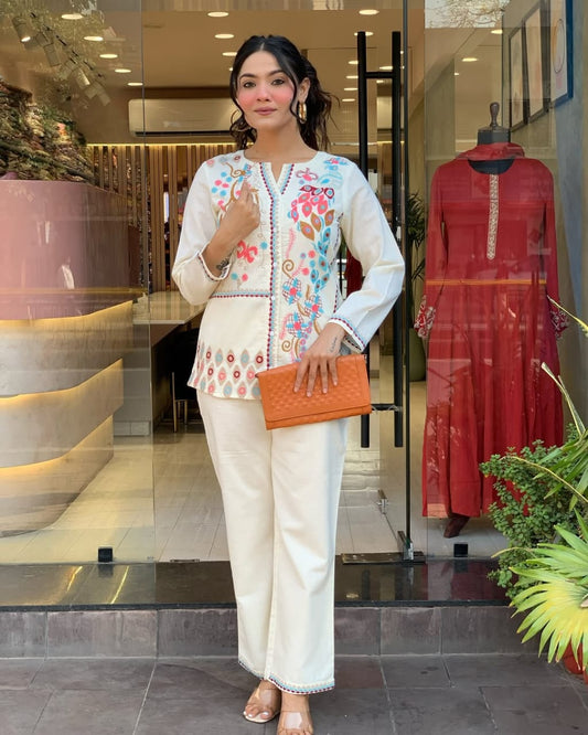 Biba White Premium Cotton Co-ord Set Embroidery Work