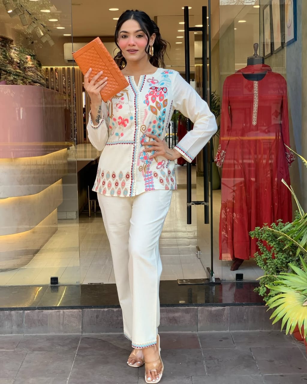 Biba White Premium Cotton Co-ord Set Embroidery Work