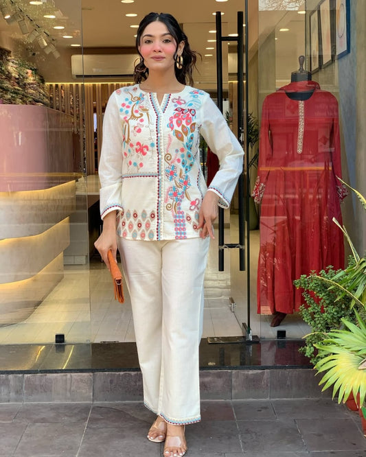Biba White Premium Cotton Co-ord Set Embroidery Work