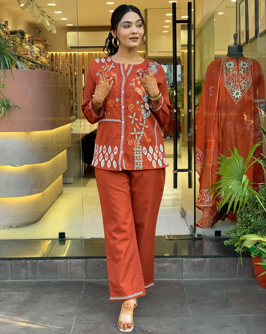 Biba Rust Premium Cotton Co-ord Set Embroidery Work