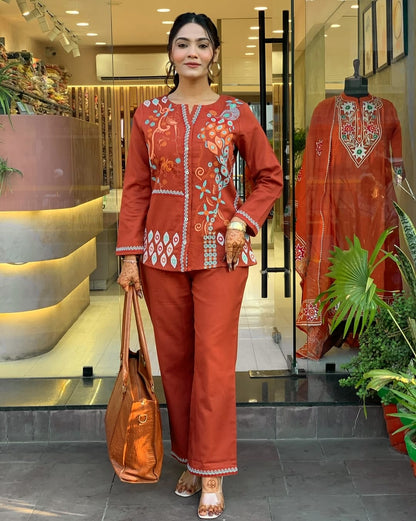 Biba Rust Premium Cotton Co-ord Set Embroidery Work