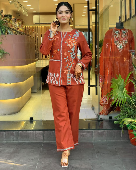 Biba Rust Premium Cotton Co-ord Set Embroidery Work
