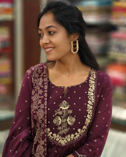 Biba Maroon Pure Cotton Ekat Print Kurti Pant Dupatta Set