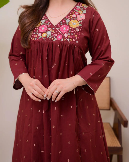 Biba Maroon Muse Threadwork Cotton A Line Kurta Set