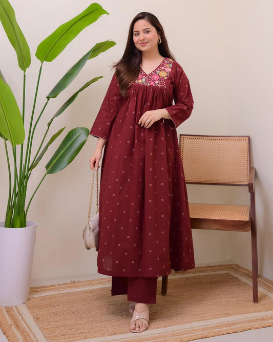 Biba Maroon Muse Threadwork Cotton A Line Kurta Set