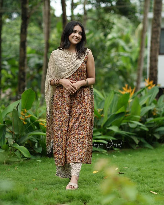 Biba Hand Block Printed Kalamkari Kurti Pant and Dupatta Set