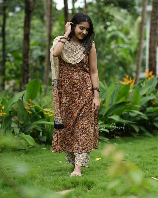 Biba Hand Block Printed Kalamkari Kurti Pant and Dupatta Set