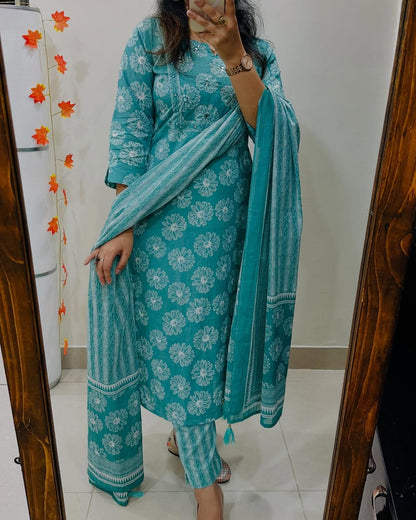 Biba Floral Print Cotton Kurta Set with Striped Dupatta