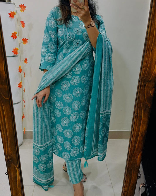 Biba Floral Print Cotton Kurta Set with Striped Dupatta