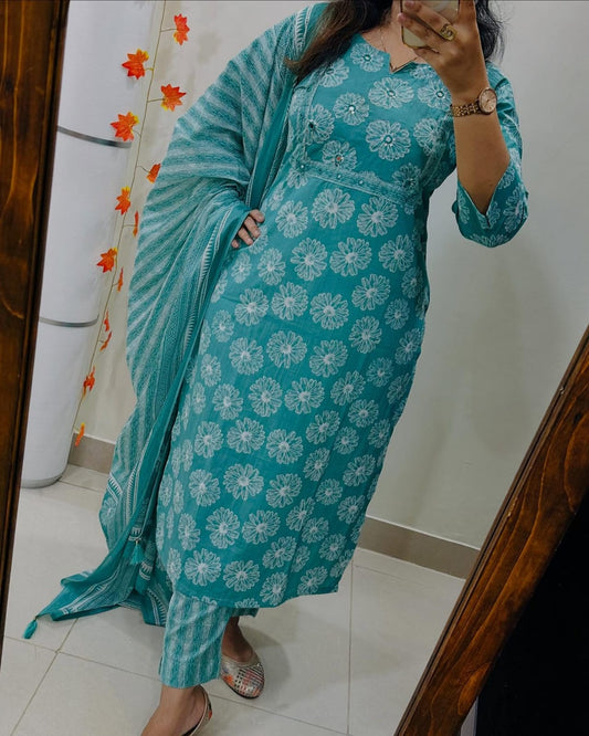 Biba Floral Print Cotton Kurta Set with Striped Dupatta
